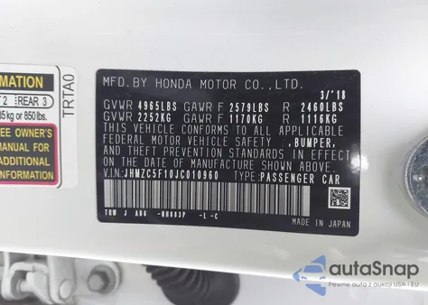 2018 Honda Clarity Plug-In Hybrid z USA, uszkodzony, nr VIN JHMZC5F10JC010960